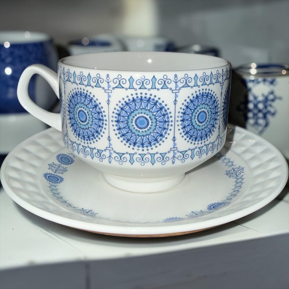 Pontesa Ironstone Chinamoda Cup and Saucer  Blue White‎ Geometric Made in Spain